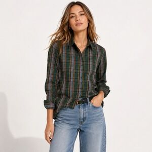 The Shirt Rochelle Behrens Top Women S Green Plaid L/S Button Up Academia Office